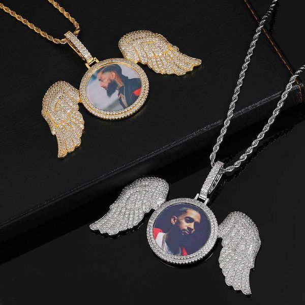 Hip Hop Angel Wings Personalizado Foto Pingente Colar Bling Zircon Diamond Jewelrys