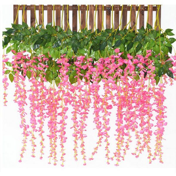 Flores decorativas grinaldas 12pcs 110cm de longa distância artificial fake wisteria videira ratta pendurada guirlanda rosa wistias de seda flores de seda decoração de casamento em casa 230313