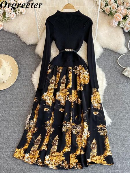 Sıradan elbiseler zarif kış kadın kazak vintage çiçek baskı patchwork uzun kollu ince kemerler örgü vestidos elbiseleri femme