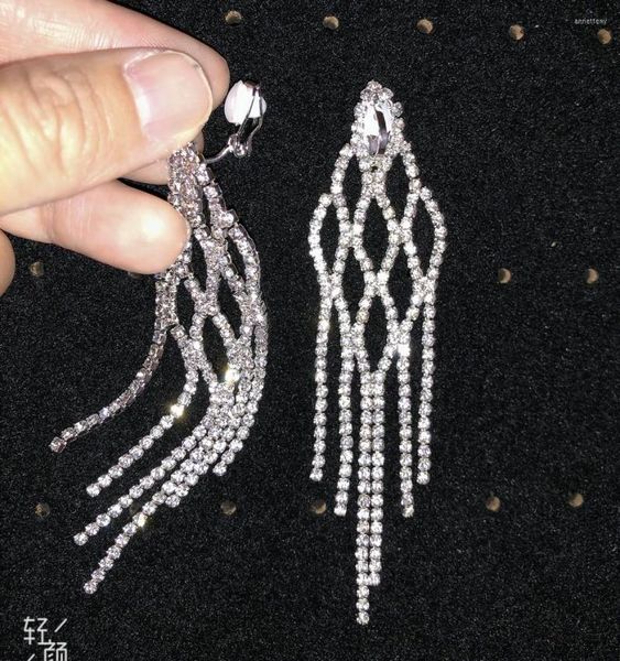 Orecchini posteriori Lampadario da sposa in cristallo ciondola clip a goccia su regali da donna Orecchini con nappe a catena con frange di strass bohémien