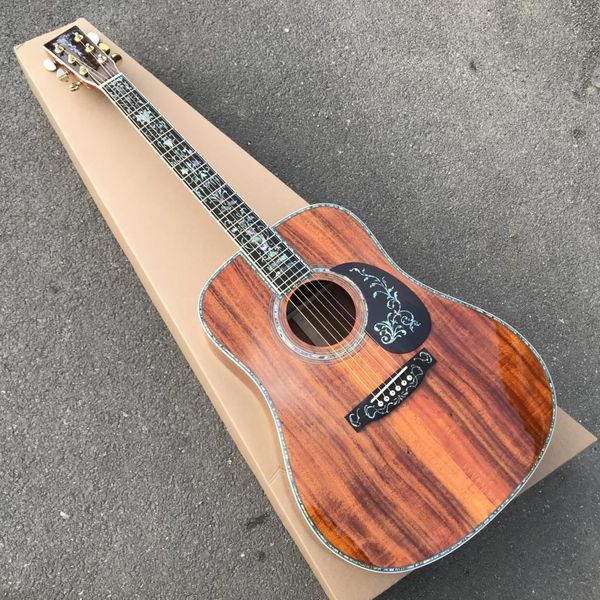 Guitarra acústica de madeira Koa completa, fábrica personalizada de 41 polegadas, braço de ébano, incrustações de abalone reais