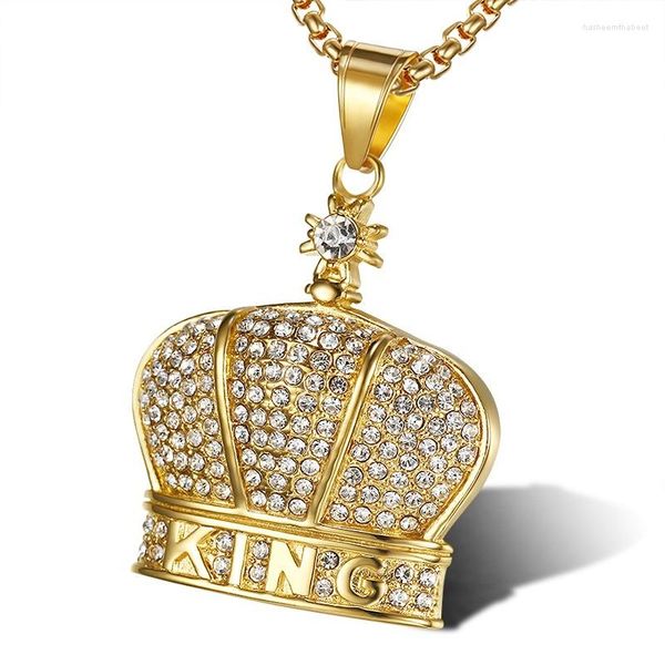 Colares pendentes Retinstones de hip hop pavimentados bling gelo fora de aço inoxidável King Crown Pingents for Men Rapper Jewelry Grow Drop