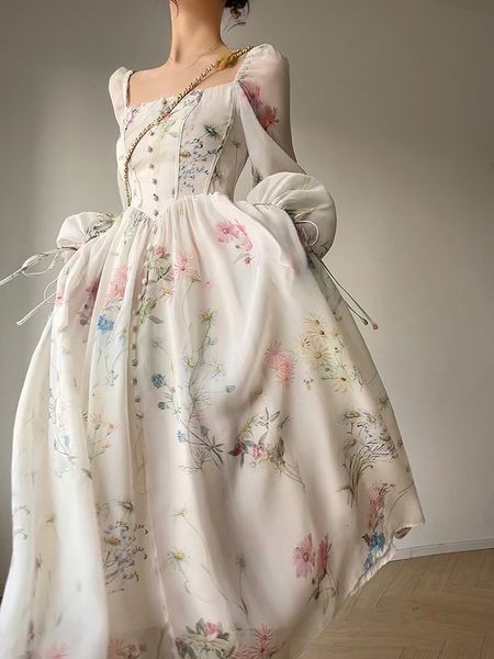 Lässige Kleider französische elegante florale MIDI Kleid Chiffon Langarm Abend Party Kleid Frau Strand Feenfee Korean 2023 Sommer 230313