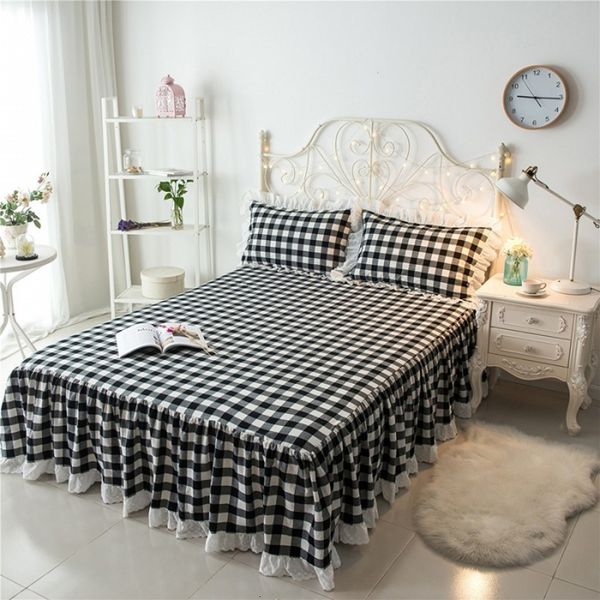 Saia de cama preta branca manta xadrez de traje de trança de colchão de colchão 100% algodão lençol com cama princesa saia de cama têxtil 230314