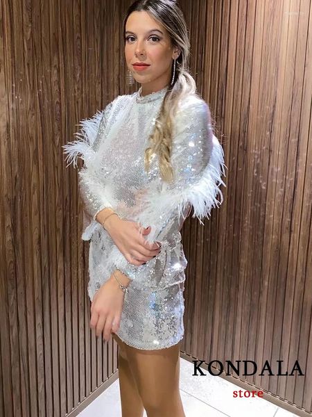 Vestidos casuais Kondala Sexy Silver Festy Mini Dress Mulheres Manga longa com penas sem costas Elegantes Vintage Mujer vestidos