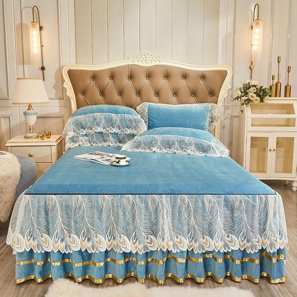 Saia de cama Cristal Velvet Bedding Salia travesseiros de camisa azul Coloque penhor renda princesa lençol lençóis colchão macio macio de pelúcia 230314