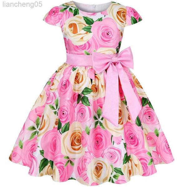 Abiti da ragazza Summer Girls Rose Print Dress Princess Wedding Birthday Party Frocks Raso Bambini Vestidos Abiti per ragazza Abbigliamento natalizio W0314