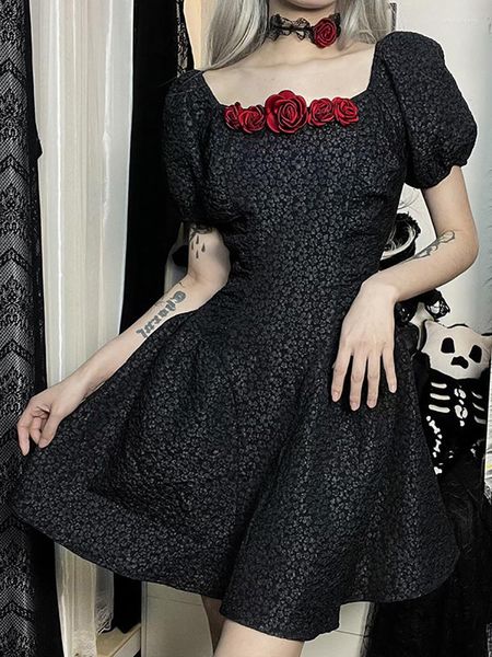 Parti Elbiseleri 90'lar Vintage Lolita A-Line Mall Gothic Jacquard Grunge Estetik Siyah Gül Dekorasyonu Kadın Kulübü Alt Kıyafetleri