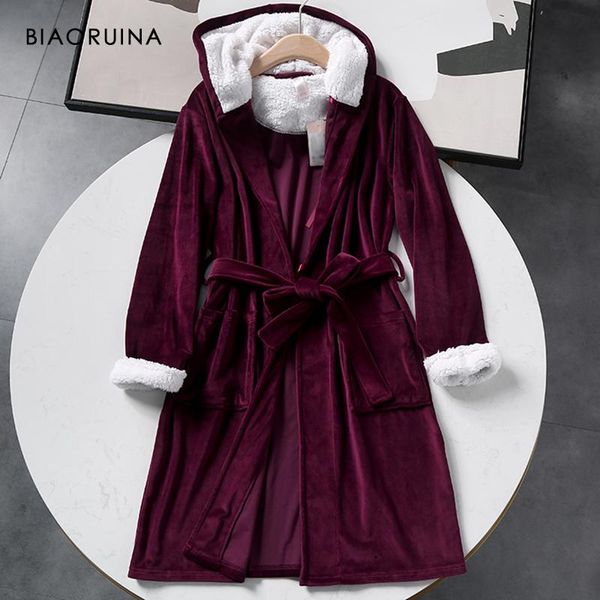 Damen-Nachtwäsche BIAORUINA Velours-Burgunderrot, locker, bequem, lange Roben mit Schärpen, Fleece-Kapuzenmanschette, warm, dick, Winter-Schlafmantel