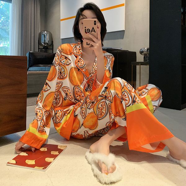 Pijama de pãearia laranja feminina feminino conjunto de cetim calças de seda de seda de duas peças Terno de duas peças Spring Summer Lingerie Homewear para feminino 230314
