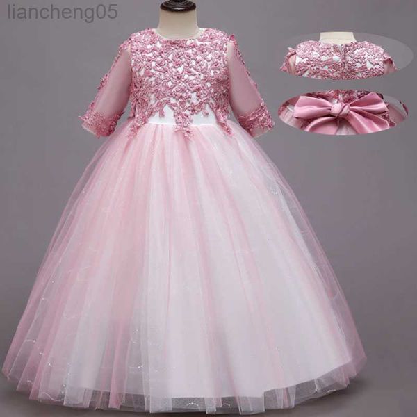 Abiti da ragazza Estate Rosa Bianco Abito da damigella d'onore Abbigliamento per bambini Per ragazze Bambini Come Princess Party Abito da sposa Manica lunga Vestidos W0314