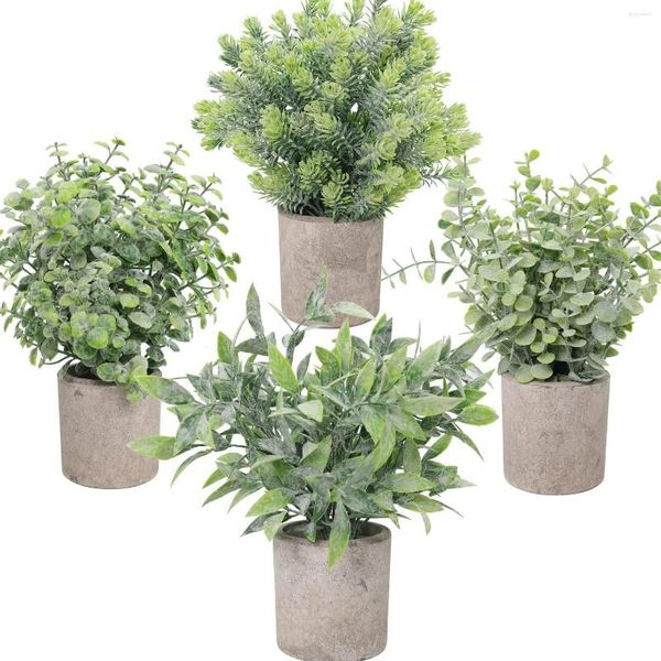 Dekorative Blumen, künstliche Pflanzen, 4er-Pack, kleine künstliche Mini-Eukalyptus-Buchsbaumgrünpflanzen in Töpfen, kleine Topf-Zimmerpflanzen für den Innenbereich