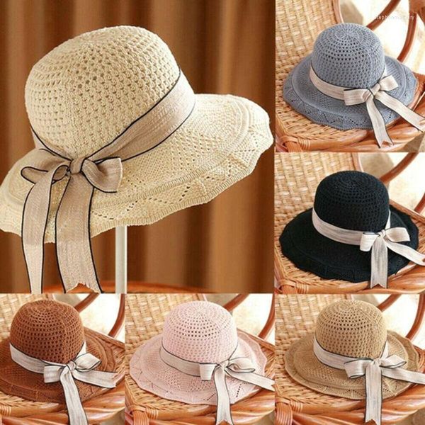 Chapéus largos da borda coreana simples fluppy meninas chapéu de palha do sol praia feminina verão UV Proteção Cap boné de viagem feminino feminina