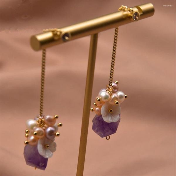 Baumeln Ohrringe Natürliche Süßwasser Perle Blume Charme Lange Stil Koreanische Mode Amethyst Trendy Quaste Ohrring Frauen Luxus Schmuck