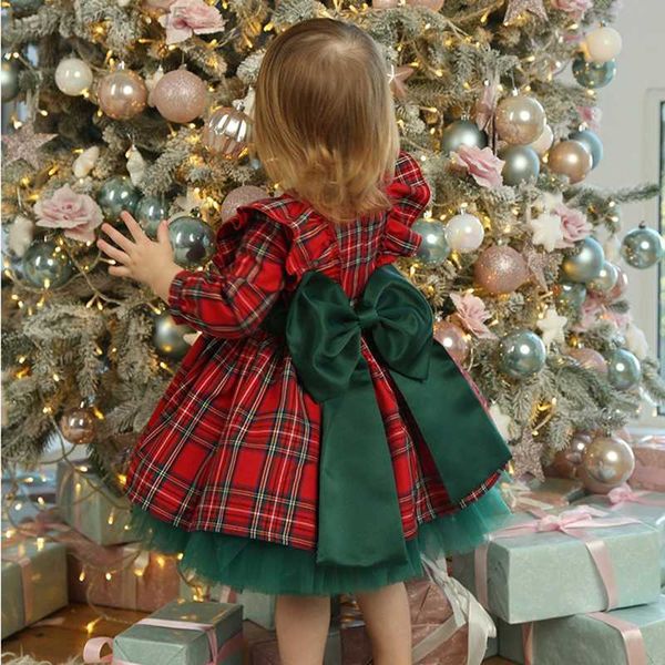 Abiti da ragazza Nuovo 6M-5 anni Abito natalizio per ragazze Bambino Bambini Abiti con fiocco scozzese rosso verde per ragazza Festa di Natale Principessa Arriva vestiti W0314