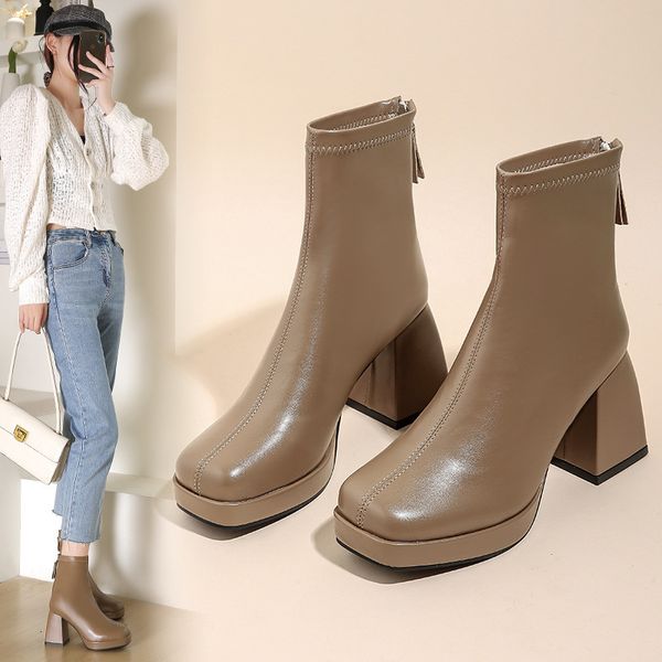 Stiefel Modische Stiefeletten für Damen, High Heels, klobiges Plateau, Stretchstoff, quadratische Zehenpartie, weiße Sohle, Reißverschluss, junge Damen-Booties 230314