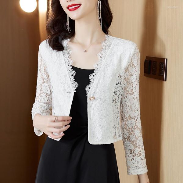 Damenblusen TingYiLi One-Button Scalloped V-Ausschnitt Sheer Lace Cardigan Mantel Frauen Frühling Sommer Schwarz Weiß Langarmshirts Koreanisch