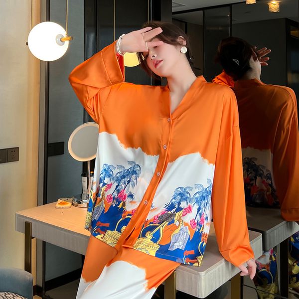 Женская одежда для сна QSROCIO Женская пижама набор роскошной апельсиновой кокосовой печати шелк шелк, как домашняя одежда V Nightwear Leisure Loungewear 230314