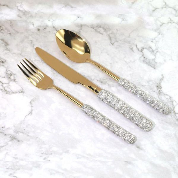 Set di stoviglie Set da tavola occidentale in acciaio inossidabile di lusso Knight con diamante dorato Coltello Forchetta Cucchiaio Bistecca Tre pezzi