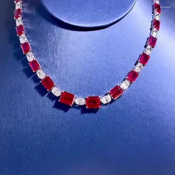 Catene 2023 S925 Argento Piccione Rosso Sangue Collana a fila singola con collare pieno di diamanti Collana da 38 5 mm