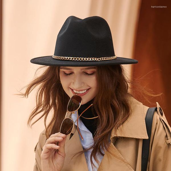 Berretti Vintage Autunno Inverno Cappello Panama in feltro per donna Ragazza Tesa larga Nero Cachi Decorazione a catena Jazz Cappello formale Fedora