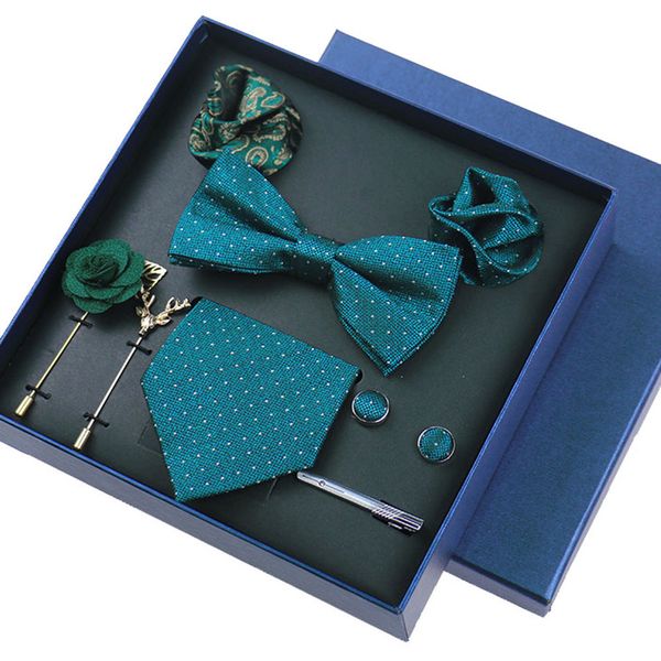Boyun kravat moda markası erkek kravat Set Hediye Kutusu Bowtie Cep Kareler Broş Kapuflinks 8pcs Erkekler İçin Takım