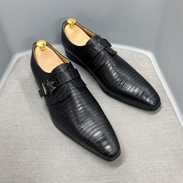 Moda Mens Oxford Sapatos luxuosos de couro genuíno escritório comercial casamento Borgonha preto fivela pontiaguda