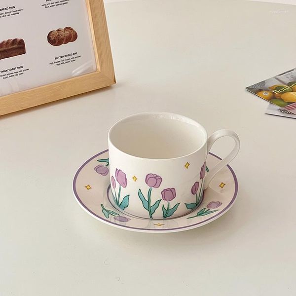 Xícaras pires wudruncy copo de café roxo retro roxo com pires francês requintado requintado caneca de cerâmica define um presente de chá da tarde