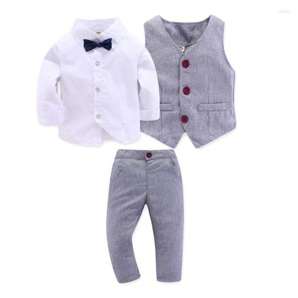 Conjuntos de camisa de roupas de roupas para roupas de garoto roupas formais de alta qualidade colete cinza colete de mangas compridas calças brancas