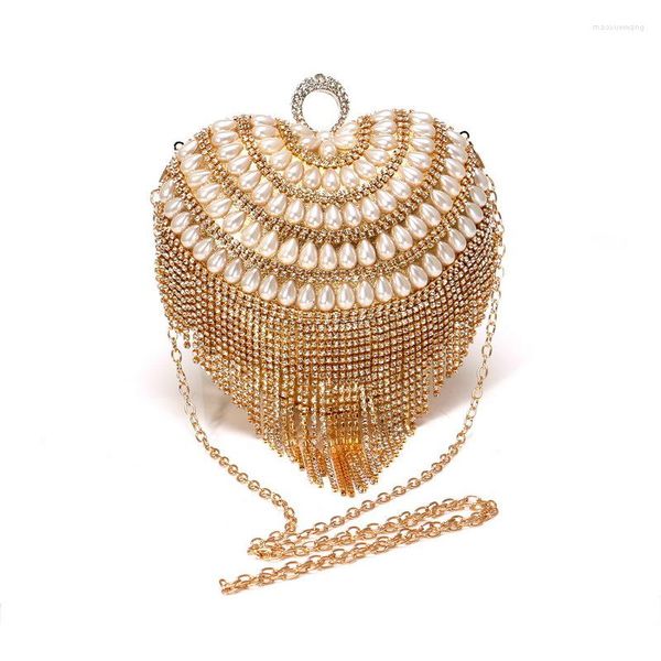 Bolsas de noite Luxury Gold Gold Silver Color Diamond Pearl Tassel Chain Heart Clutch Women Women Bolsa Banquetes de Banquetes Rancas de Anel