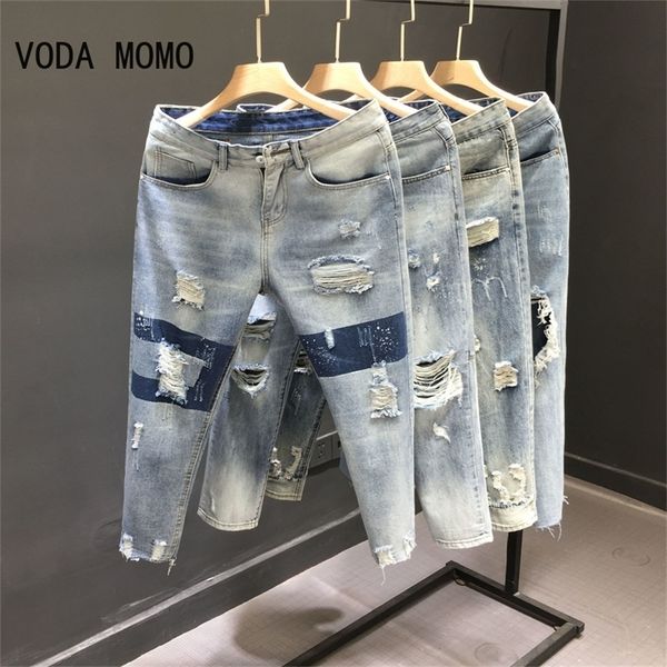 Hole de jeans de homens e mulheres de verão na cintura fina de cor de jeans reta do tornozelo de tornozelo de tornozelo de harém 230313