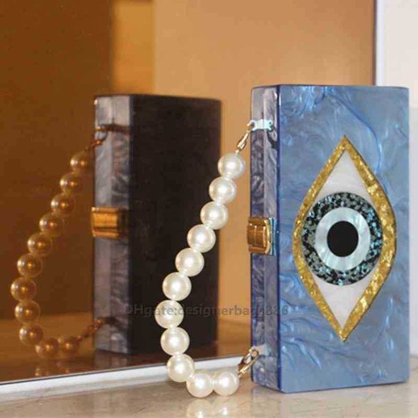 Pérola azul dourado mal os olhos saco de olho mulheres embreagem noite femme Pochette de luxo do dia acrílico embreagem Bling Party Burse Hand