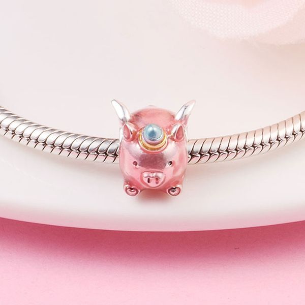 Charm-Anhänger „Fliegendes Einhorn-Schwein“ aus 925er-Sterlingsilber mit Emaille-Perle, passend für europäische Schmuck-Charm-Armbänder im Pandora-Stil