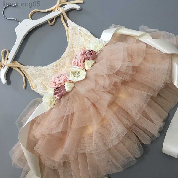 Mädchenkleider Schönes Blumenmädchen-Hochzeitskleid für Kinder, Party-Tutu-Kleid für Kinder, Blumen, Schärpen, Prinzessin, Schlinge, Sommerkleid W0314