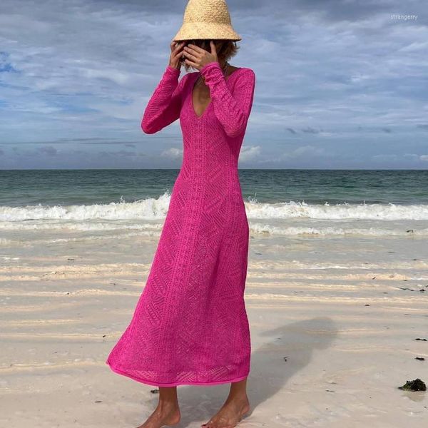 Vestidos casuais pareo para mulheres 2023 Summer praia túnica longa boho estilo malha feminina vestido vintage maxi v pescoço traseiro desgaste oco
