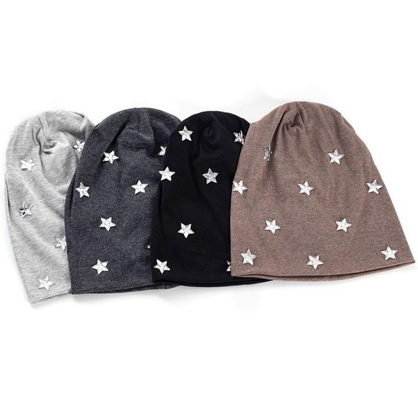 Gorros de gorros/crânio tampa casual feminino algodão estrelas de prata acessórios bonés de cor sólida moda de moda de chapéu artes