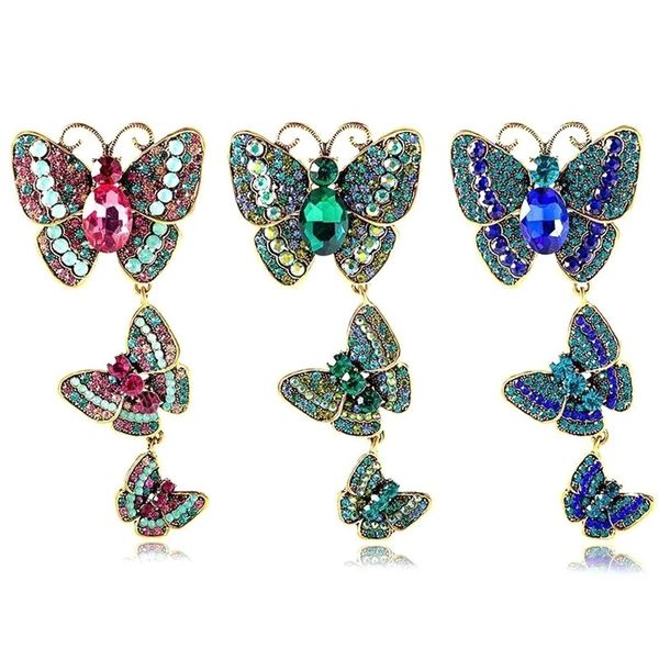 Grandes broches de borboleta de strass para mulheres insetos de cristal vintage pinging tassel pinos hijab lenço pinos de mochilas