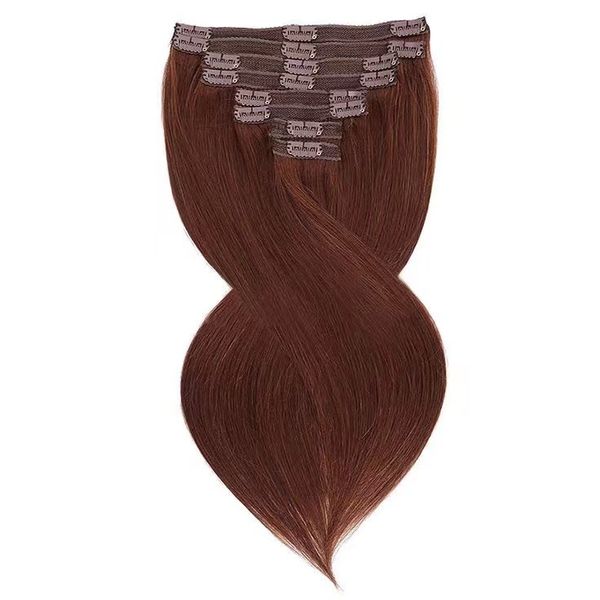 Yeni sıcak 100 insanlık kesintisiz klip saç uzantılarında kadın saç parçası kırmızımsı cooper kırmızı çikolata kahverengi 8pcs 120g/paket tespit edilemez esnek dayanıklı diva1
