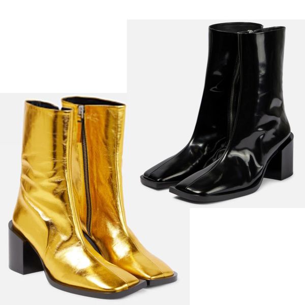 Winter-Marken-Damen-Stiefeletten, italienisches Lackleder, glänzend, dicker Absatz, quadratischer Kopf, elegante Damen-High-Heels zeigen Damen-Charme, EU35–41