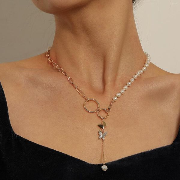Anhänger Halsketten Geometrische Kreis Zirkon Schmetterling Halskette Quaste Imitation Perle Kleine Loch Metall Kette Dame Koreanische Mode Choker