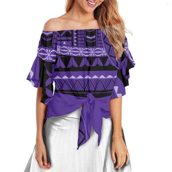 T-shirt da donna Top manica svasata viola Tattoo Print Samoa Polynesian Women Off The Shoulder Gonna in chiffon allentata Signore di alta qualità