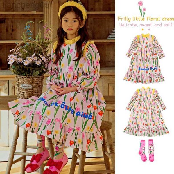 Vestidos de menina vestido de garotas 2023 primavera novo vestido de renda rosa Versão coreana da moda Cute Princess Skirt Roupas W0314