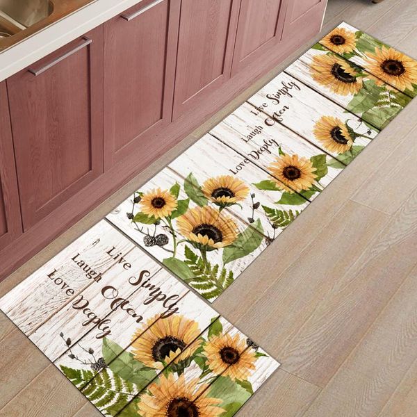 Kissen /dekorative 2pcs /Set Retro Sonnenblumenholz Tür Matten Matten Teppich Teppich lebendiges Schlafzimmer Küche Badezimmer Nicht-Rutsch Fußmatte