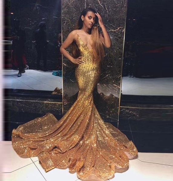 Sexy Sparkle Gold Gold lantejoulas Mermaid Prom Vestidos 2023 Deep V-Backless Backless noite vestidos formais de plus size vestido formatura