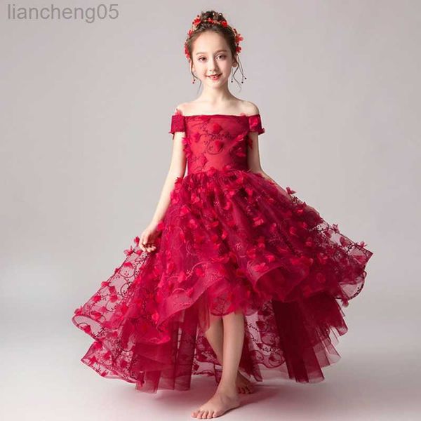 Mädchenkleider Mädchenkleider für sehr elegante Party Schulterfrei High-Low Kinder Formeller Abschlussball Blumenmädchenkleider Chikdren Tutu Prinzessin Weihnachten W0314