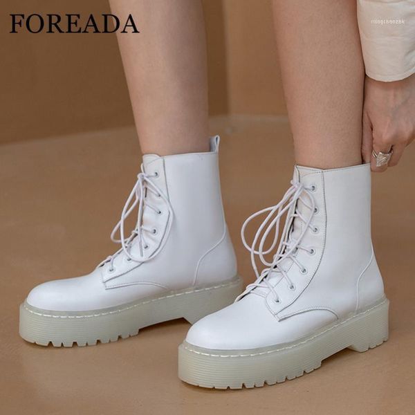 Foreada botas femininas planas plataforma motocicleta couro real tornozelo rendas até bico redondo curto sapatos femininos tamanho branco 401 726