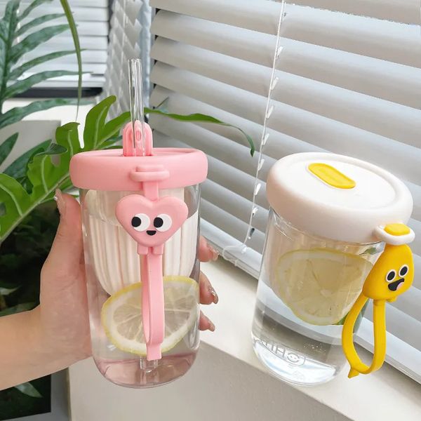 De gros! 500 ml version coréenne verre gobelets paille tasse haut niveau d'apparence fille verre mignon portable thé eau séparation froide infusion tasse d'eau A0090