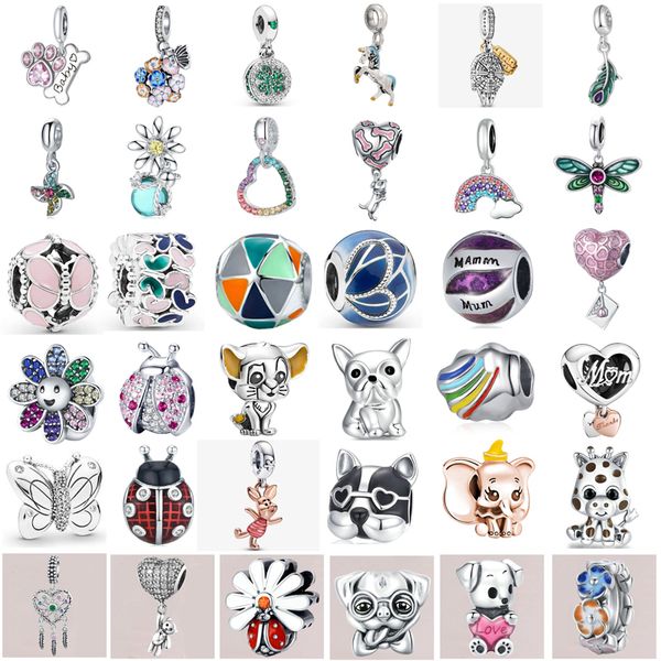 Fit Pandora perline gioielli da donna in argento 925 di nuova moda perline squisite cane arcobaleno farfalla libellula elefante trifoglio adatto