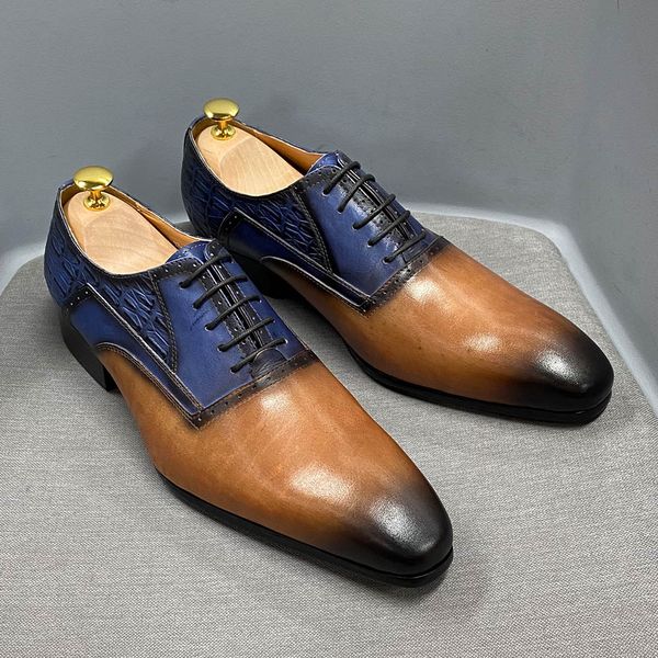 Sapatos formais formais de couro de vaca genuíno sapatos oxford azul marrom cor misturada para homens vestidos sapatos de casamento com laço up sapato formal de luxo