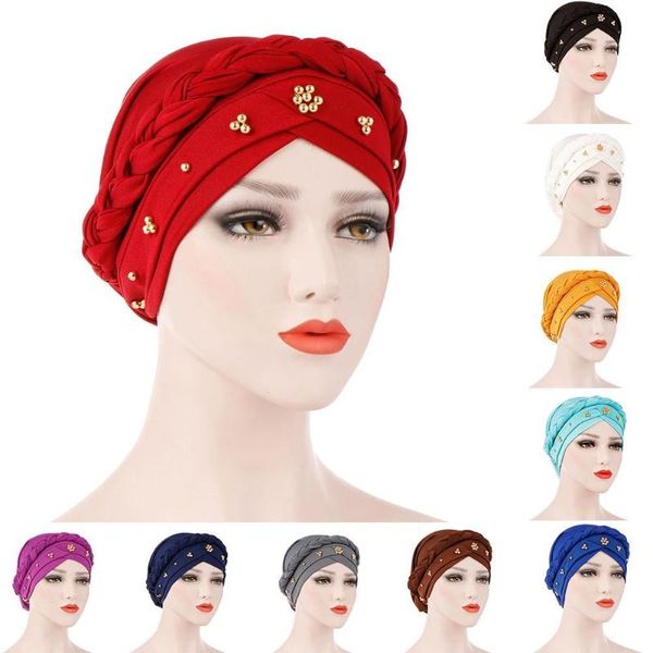 Berretti Berretto/Cranio Berretti da donna Berretto tinta unita Treccia Perline Decorazione Cappello Testa morbida Sciarpa Copricapo Sciarpe musulmane femminili Cappelli Accessori